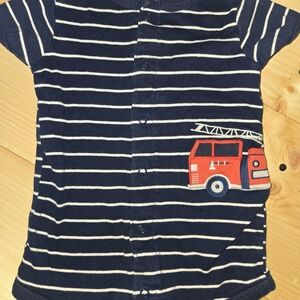 Size 6/9 mon Carter's Navy and White Striped Shorts Bodysuit with Red Fire Truck